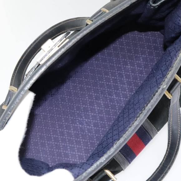 GUCCI Sherry Line Hand Bag Suede Leather Navy Red gold Auth yk14885 - Picture 12 of 16